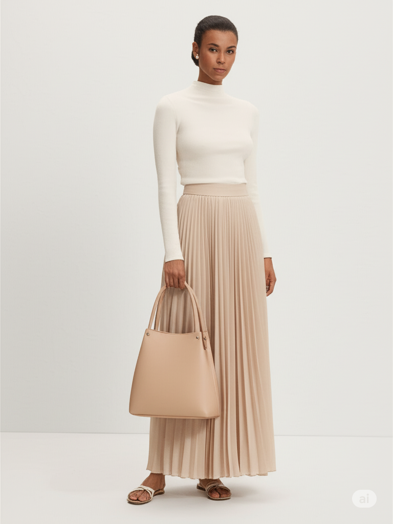 A model carrying a nude beige top handle bag