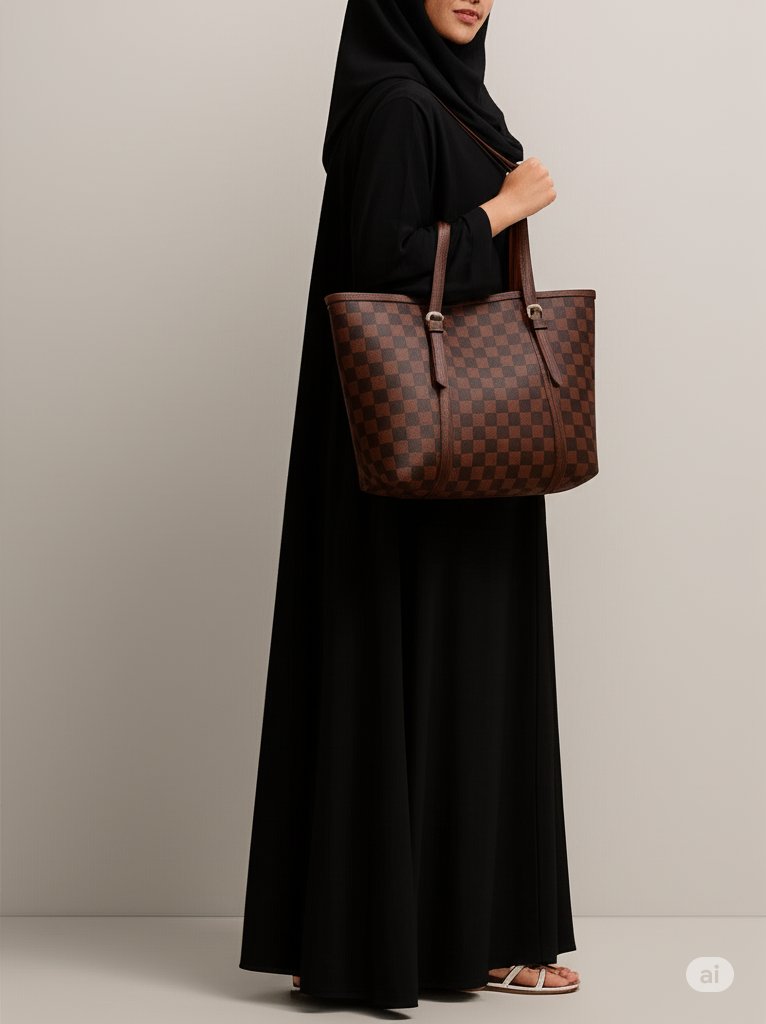 A modest model carrying checkered brown tote bag