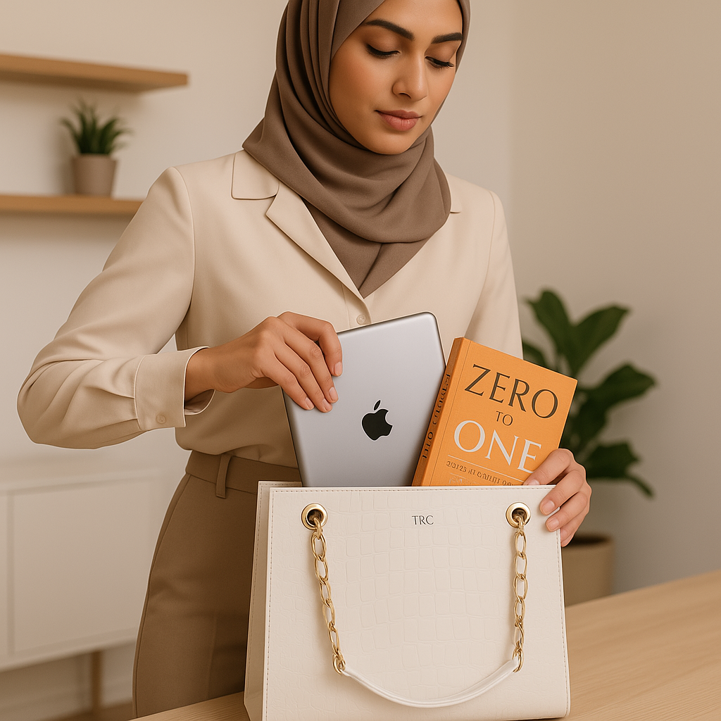 Hijab Girl inserting a book anda macbook into a croc textured bag - Featuredv Image for blog What Are Croc Textured Bags?