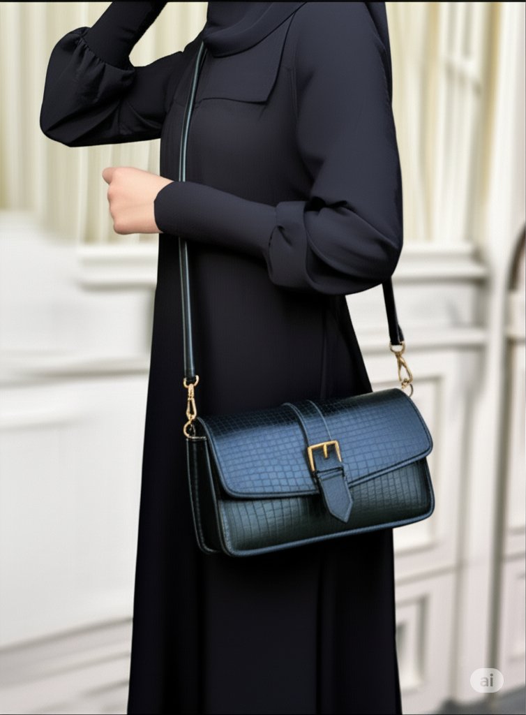A modest model carrying a dark green cross body sling bag