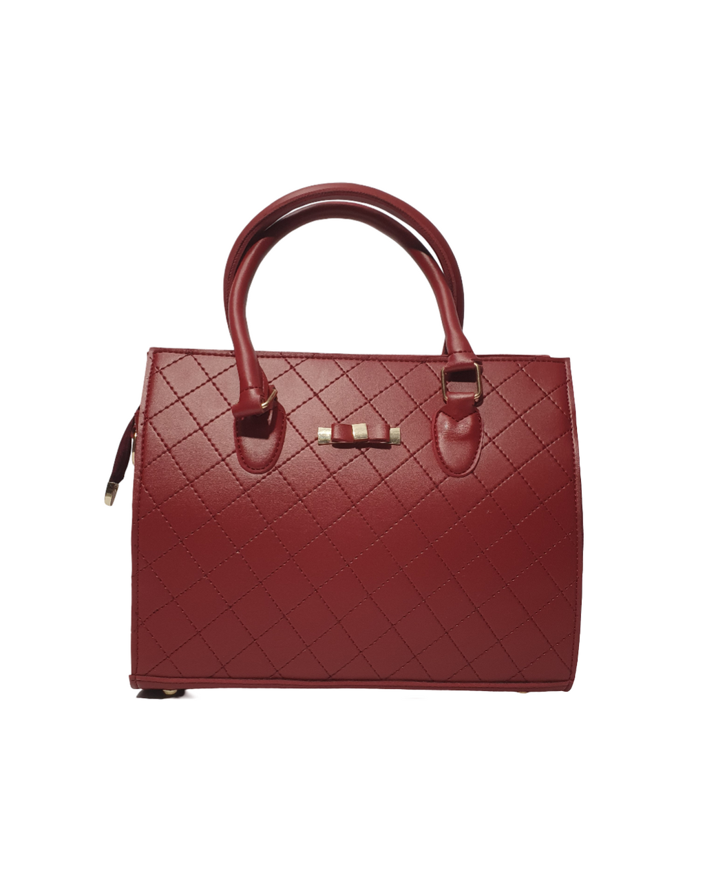 an image showing a red quilted top handle bag with gold accents and red sturdy handles.