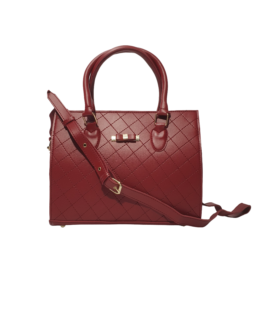 an image showing a red quilted top handle bag with gold accents and red sturdy handles and red shoulder strap.