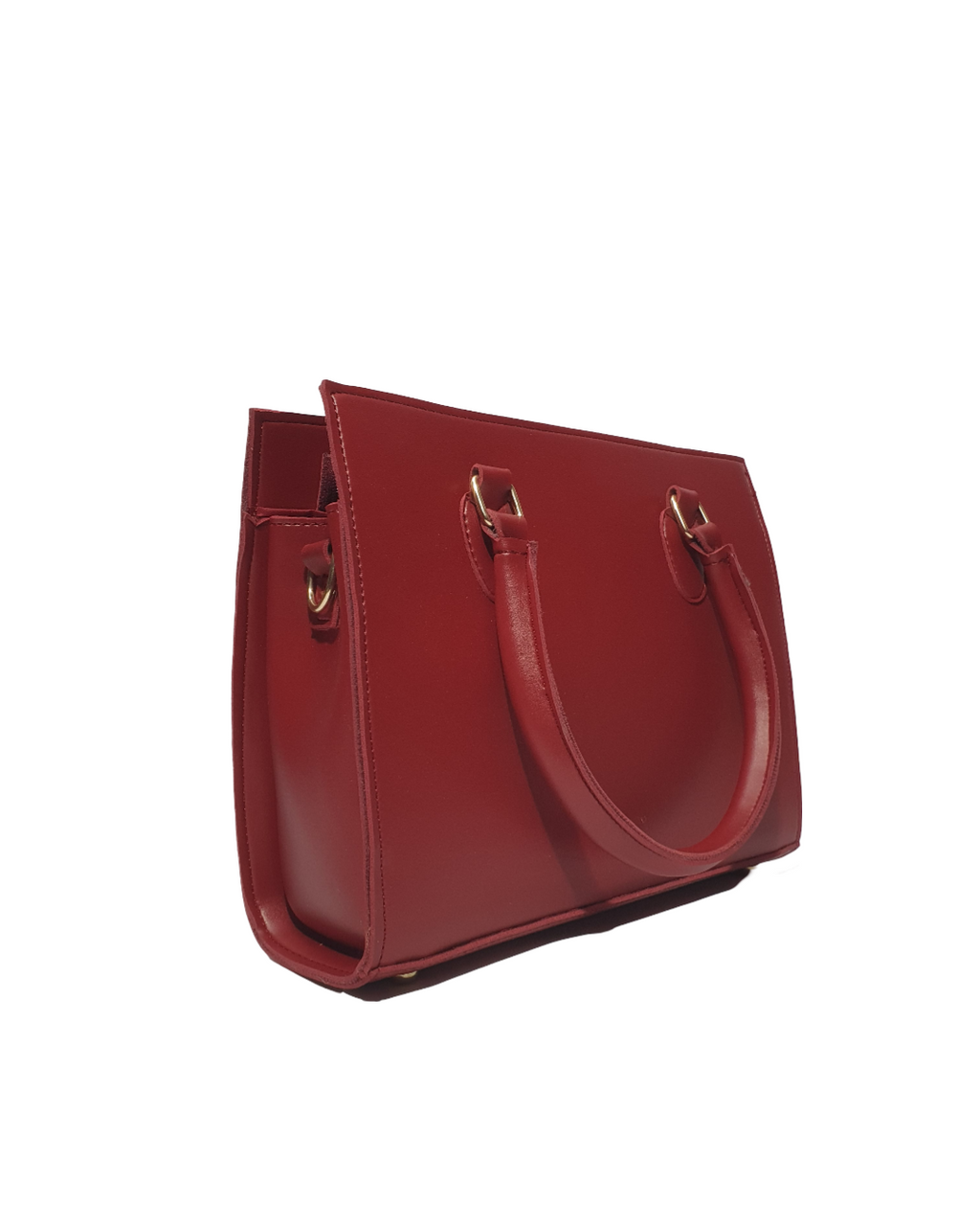 an image showing backside of a red quilted top handle bag with gold accents and red sturdy handles.