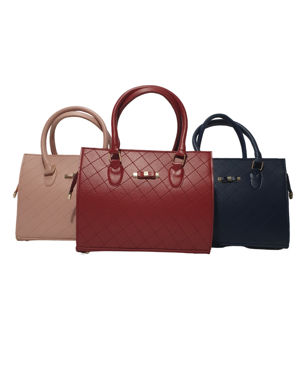 an image showing red, pink, and blue quilted top handle bags with gold accents and respective colored sturdy handles.