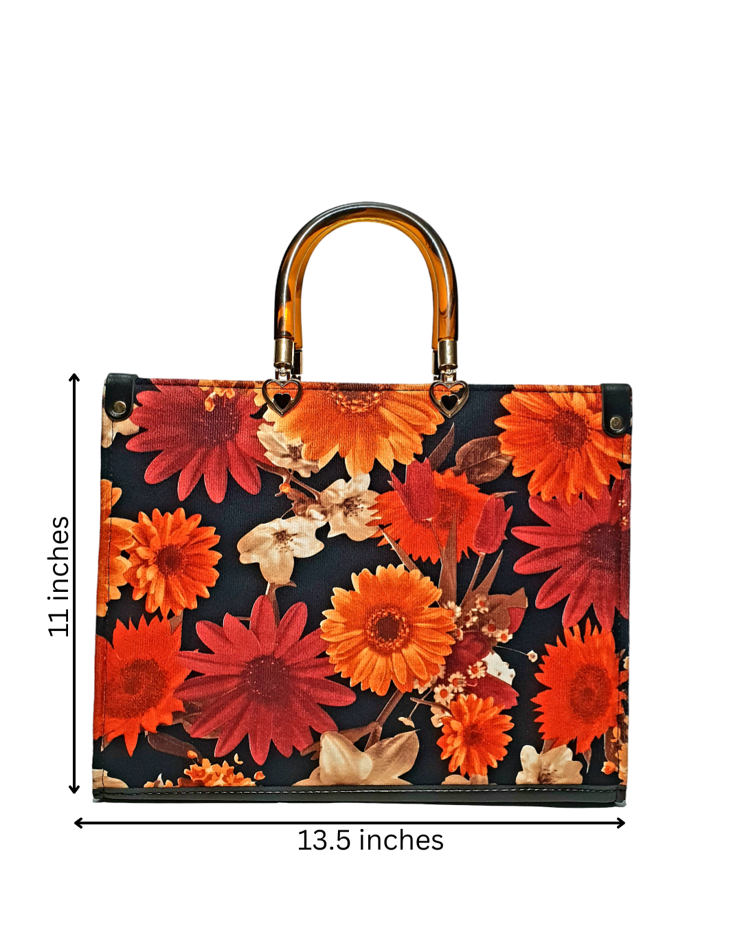 an infographic image showing dimensions of floral tote bag with red and orange flowers on a black background, featuring a tortoise top handle.