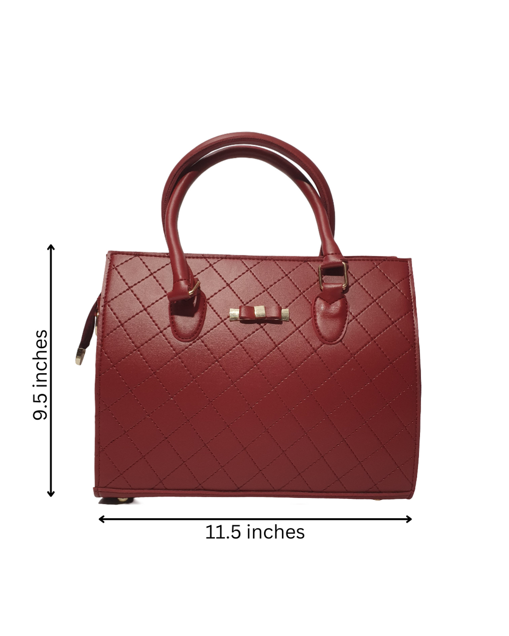 an image showing dimensions of a red quilted top handle bag with gold accents and red sturdy handles.